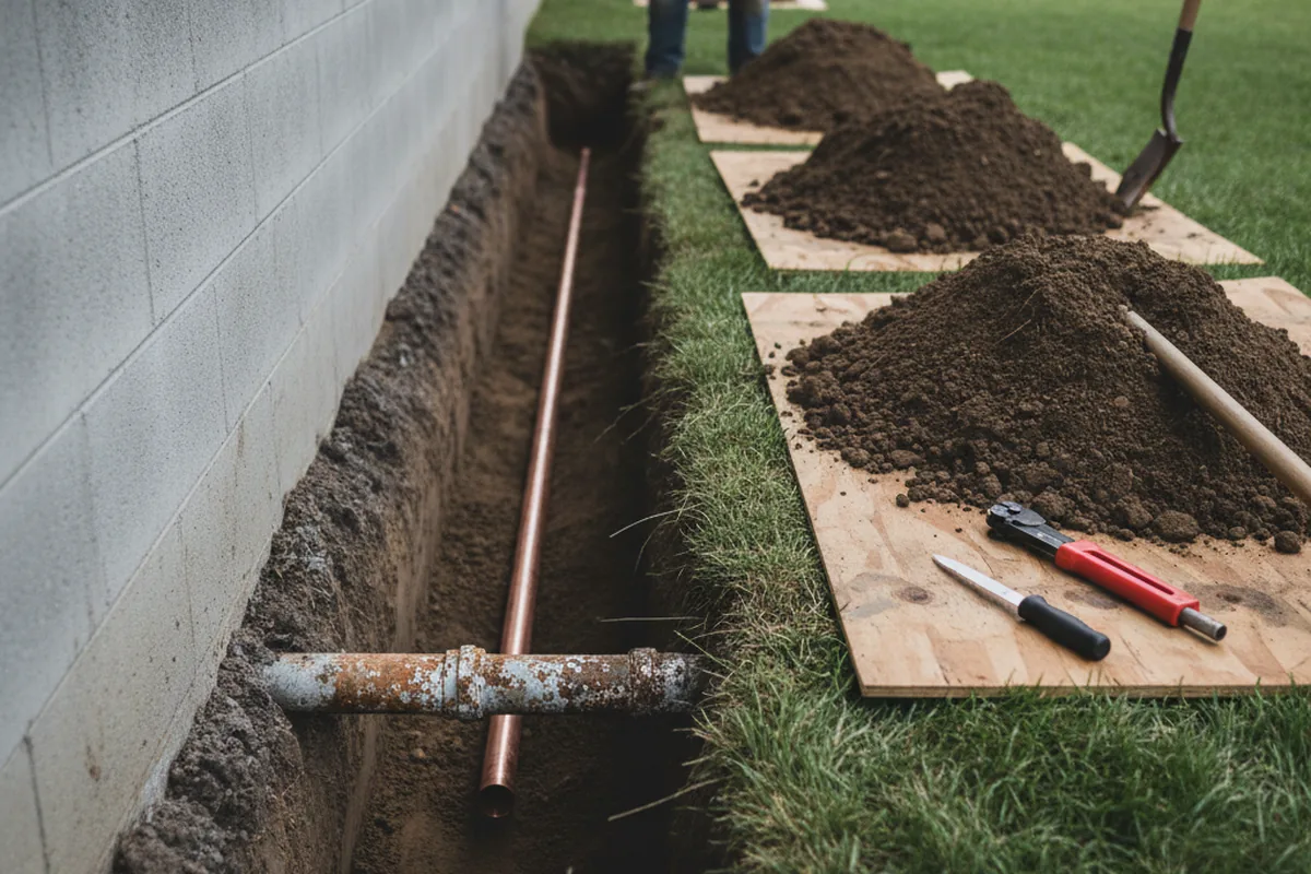 Excavated water line trench during Water Heater Repair in Rousseau
